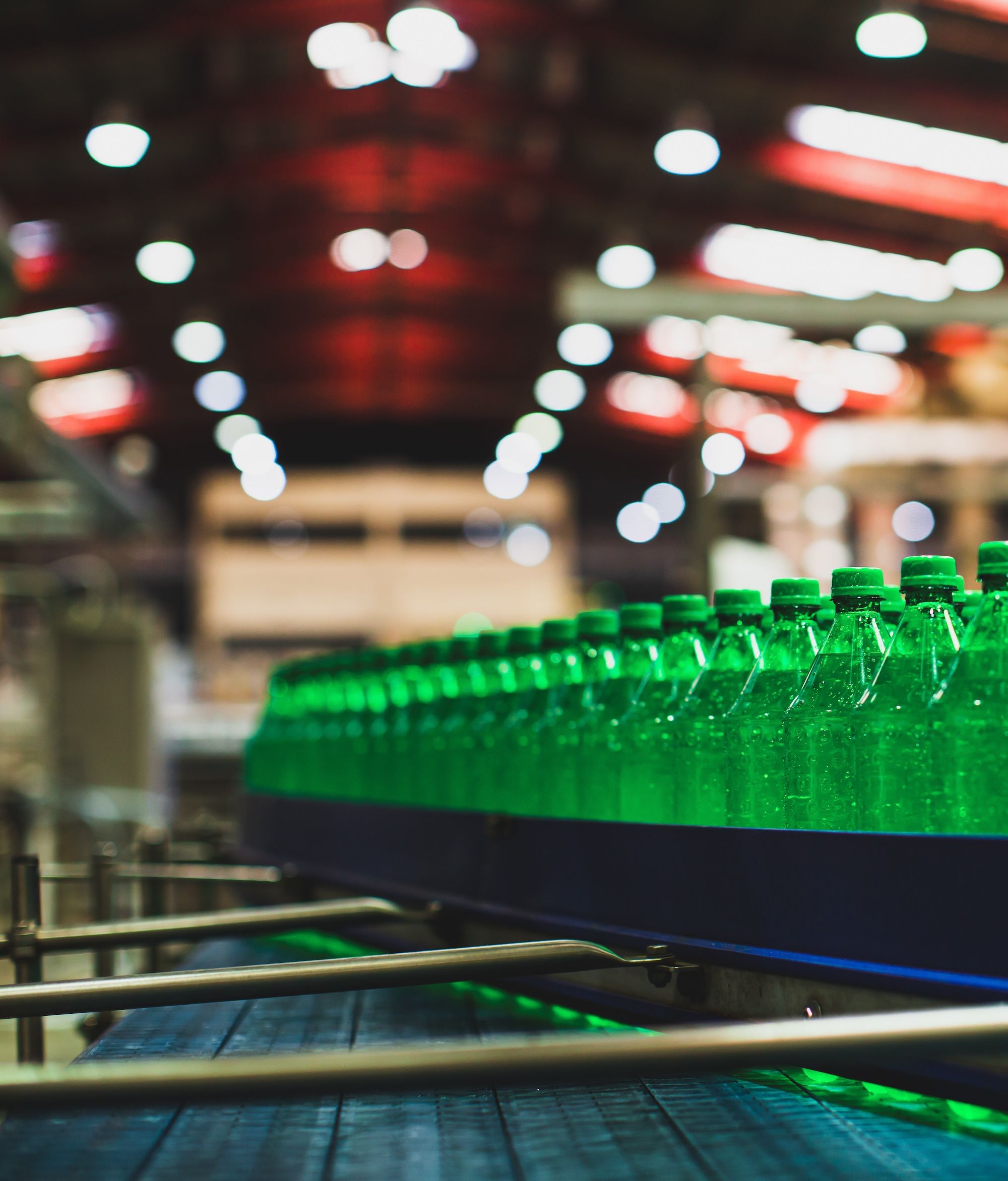 bottles on production conveyor belt