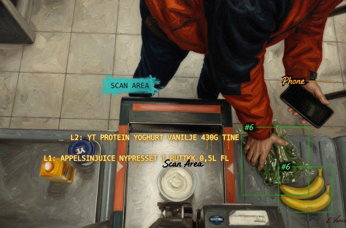 NorgesGruppen computer vision — overhead view of a self-checkout