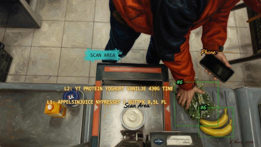 NorgesGruppen computer vision — overhead view of a self-checkout