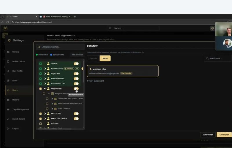 User entity access tree allowing granular customer and site assignment