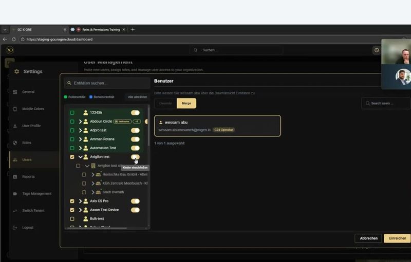 User entity access tree allowing granular customer and site assignment