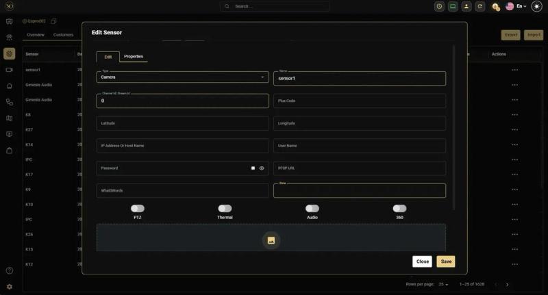 Edit Sensor dialog in GCXONE showing the Properties tab with the Zone field