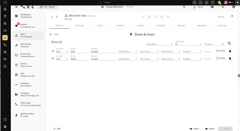 Zones and Users configuration table in Talos showing Zone Type, Zone ID, and Zone Name columns
