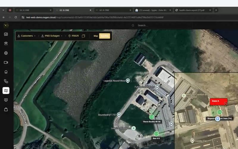 Map view showing camera and sensor placement on a satellite map with zone overlay