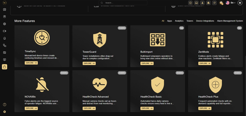 GCXONE Marketplace features grid showing available apps including TimeSync, TowerGuard, BulkImport, ZenMode, NOVA99x and HealthCheck tiers