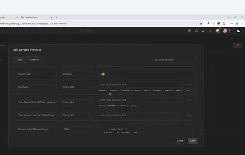 Edit Service Provider properties panel showing advanced configuration fields