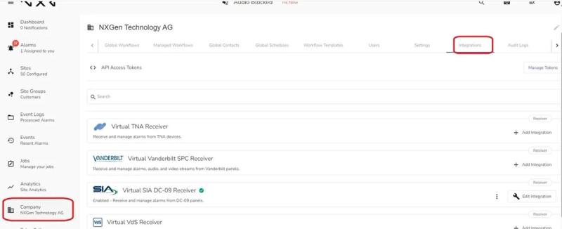 Talos Company Integrations tab showing available integrations