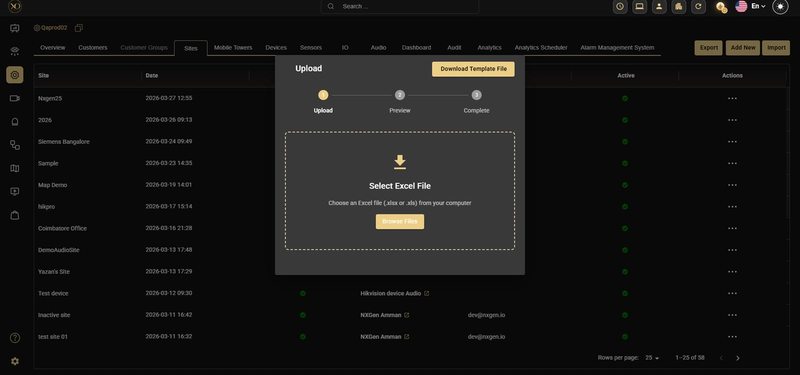 BulkImport sites import screen