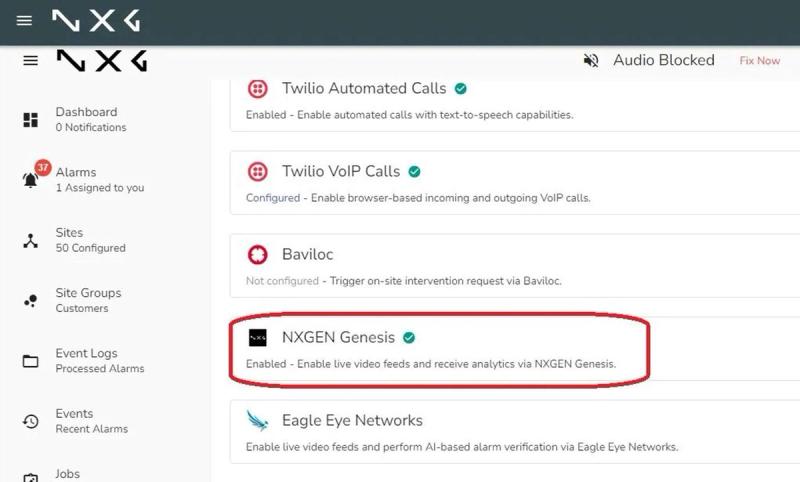 NXGEN Genesis integration shown as Enabled in Talos