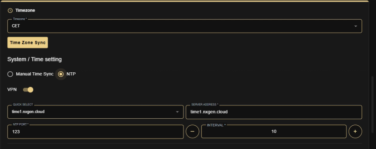 The Timezone section of a device's Edit panel with Time Zone Sync expanded to NTP, showing the VPN toggle, Quick Select and Server Address set to time1.nxgen.cloud, NTP Port 123, and Interval 10.