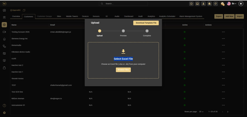 BulkImport upload interface showing the three-step process: Upload, Preview, and Complete