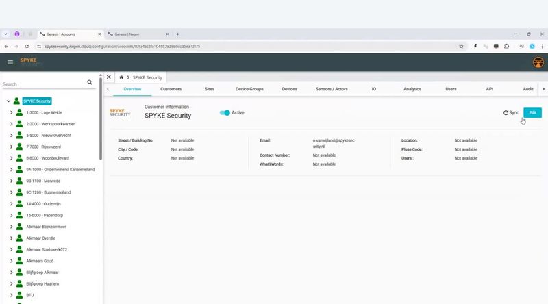 Genesis admin portal showing account overview with tabs for Customers, Sites, Devices, Sensors, Users, and more