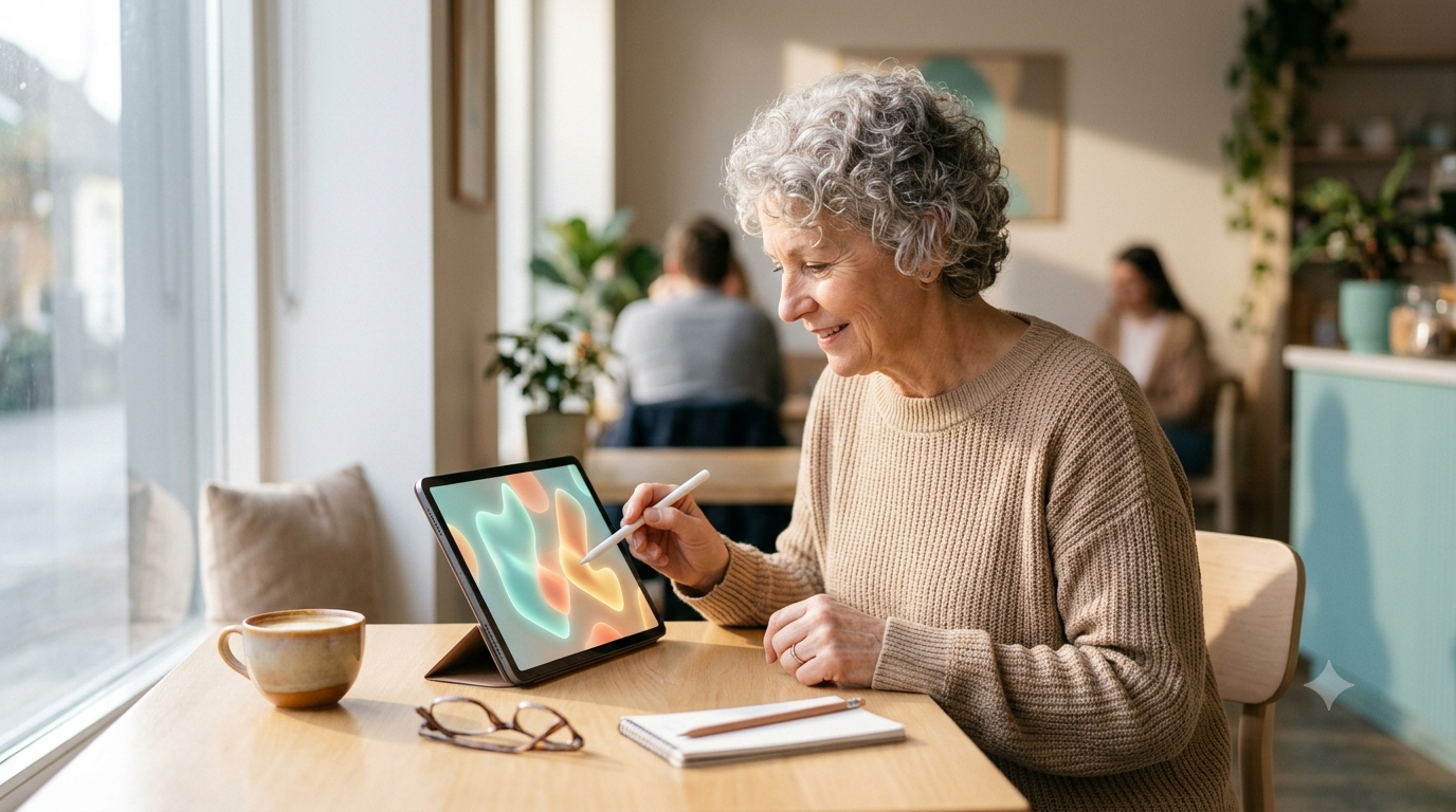 Older woman playing a puzzle game on a tablet at a sunny café table