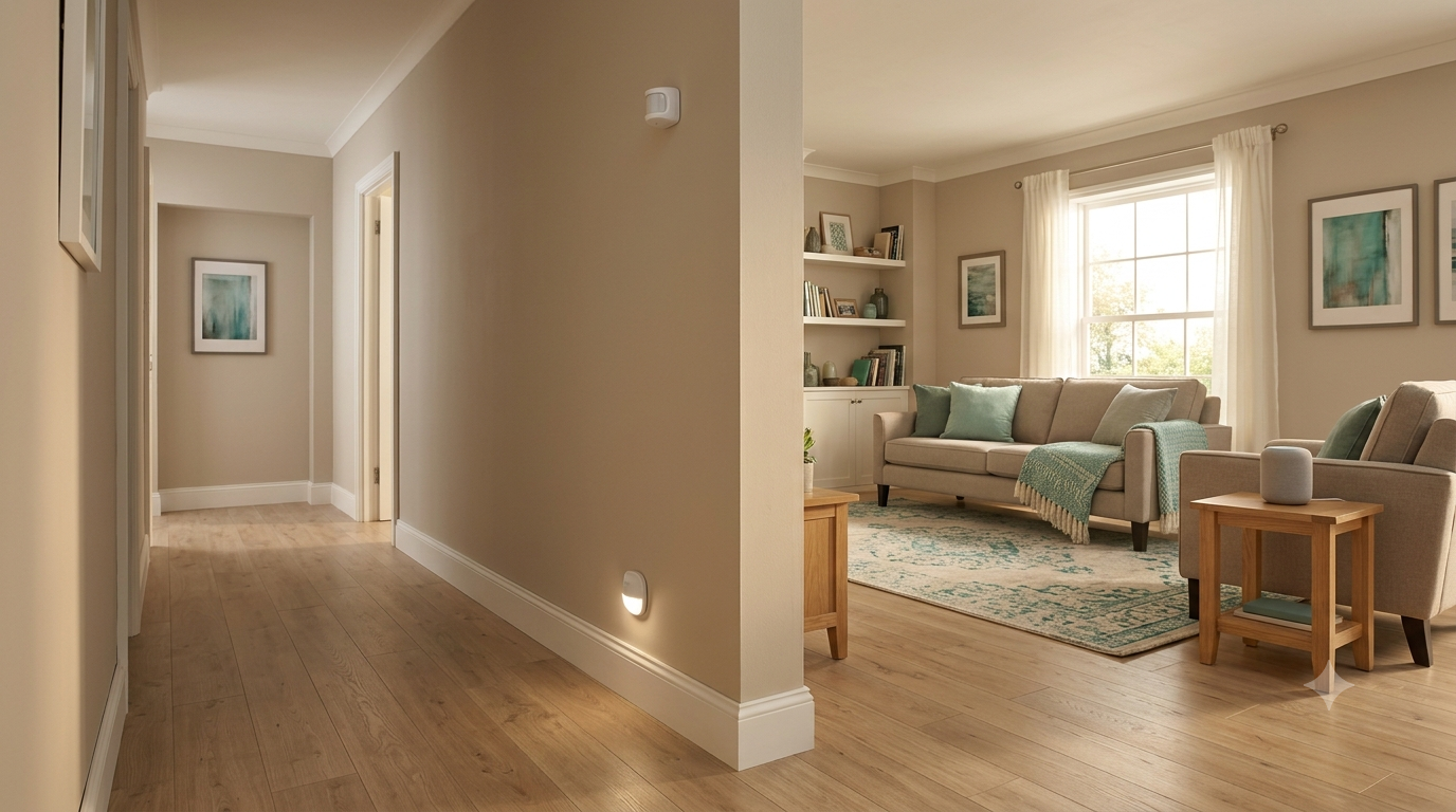 Bright, uncluttered home hallway with a discreet smart sensor, motion-activated night light and a smart speaker on a side table