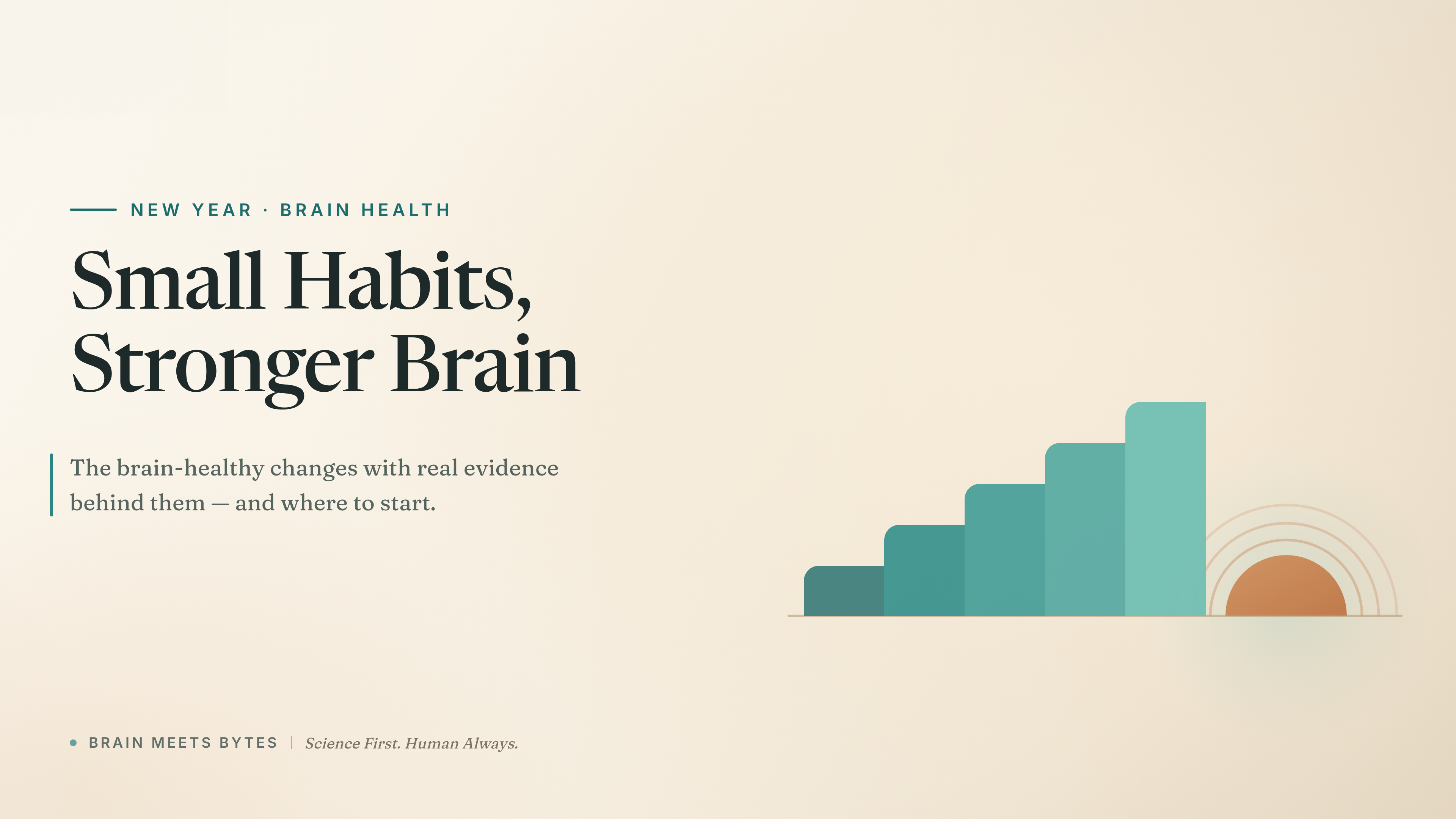 Graphic of rounded steps in brightening teal rising toward a sunrise semicircle, with the headline Small Habits, Stronger Brain