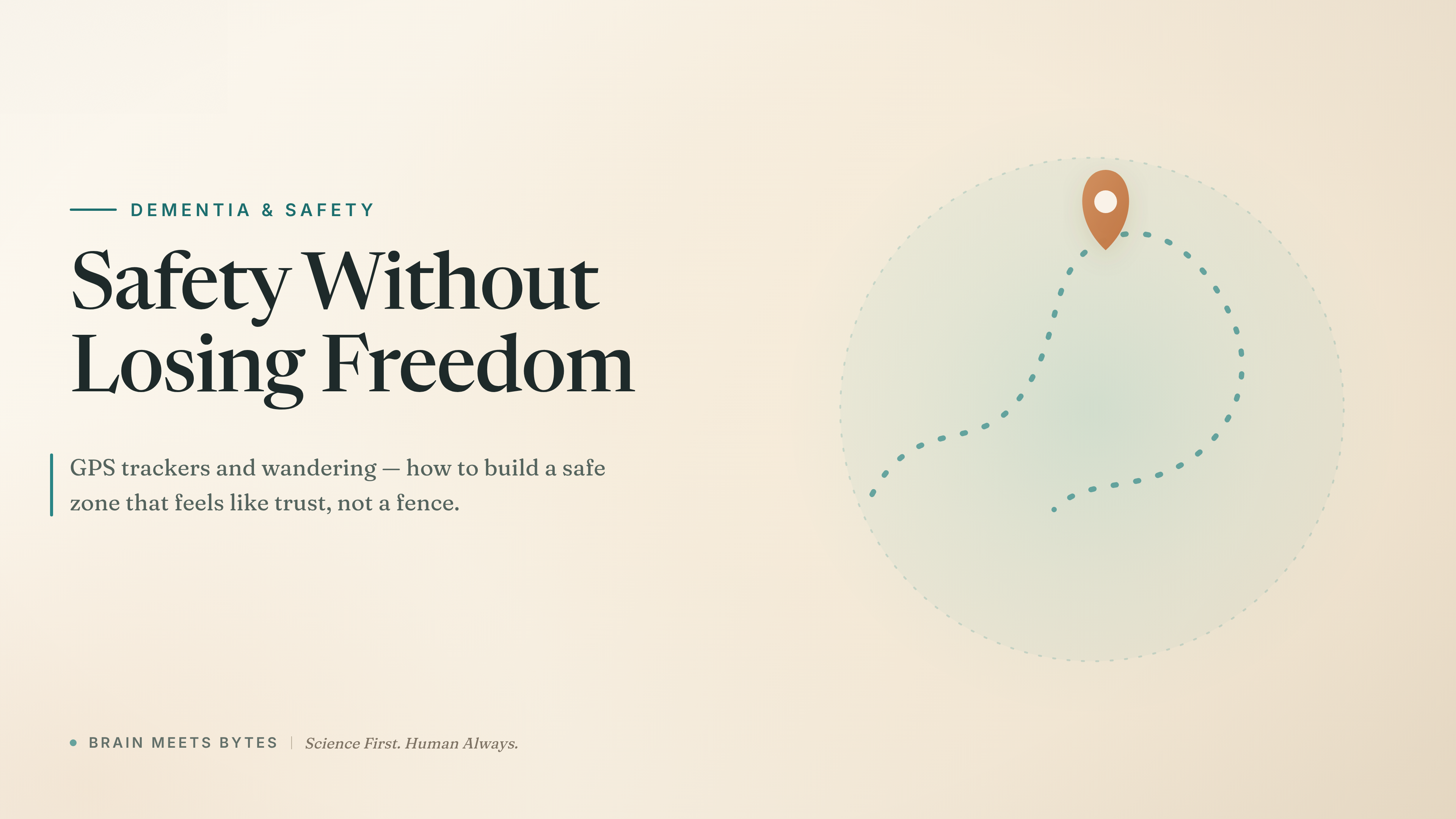 Graphic of a winding dotted path inside a faint circular safe zone with a small location pin, with the headline Safety Without Losing Freedom