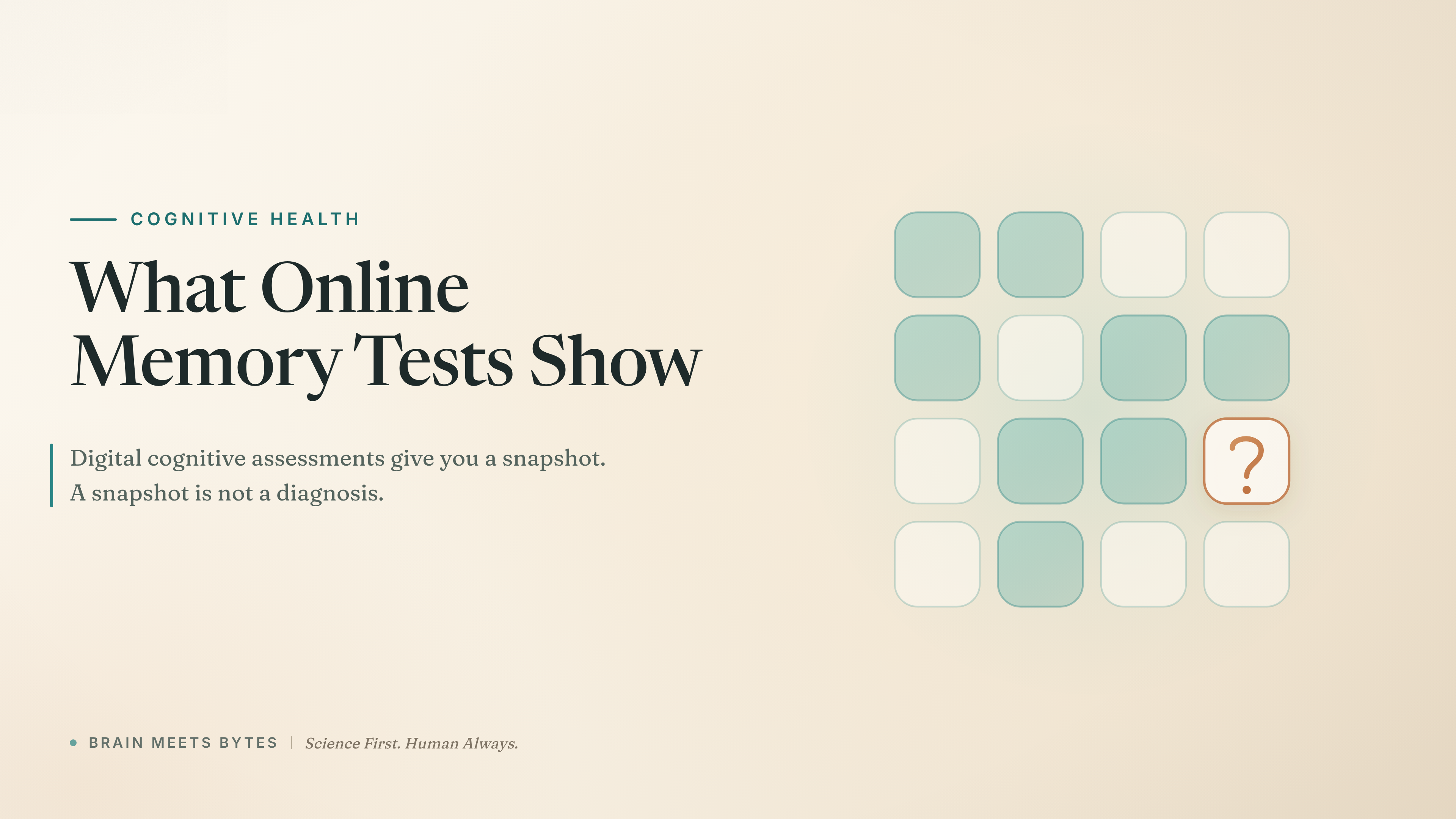 Graphic of a half-solved grid of memory-match tiles with one tile showing a question-mark curve, with the headline What Online Memory Tests Show