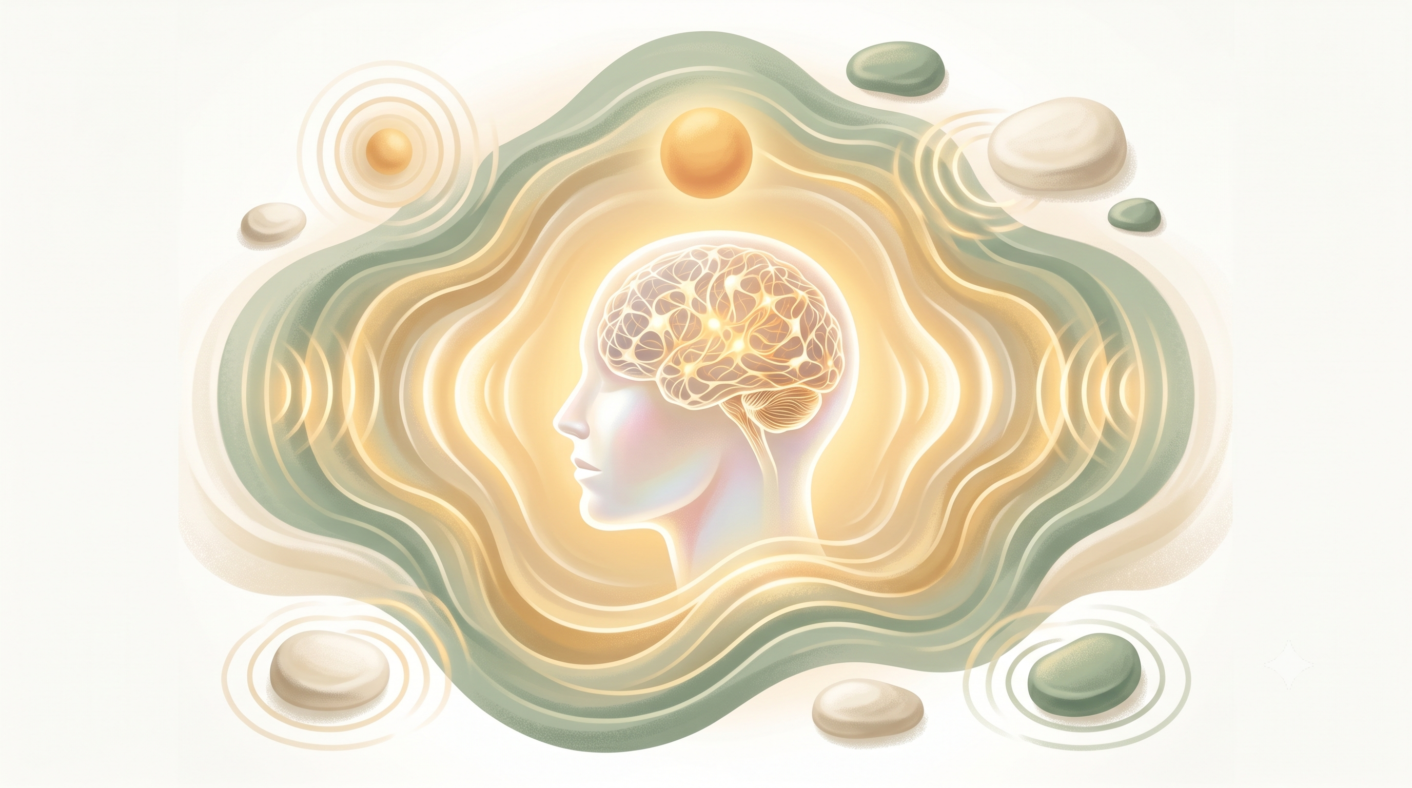Calm conceptual illustration of sound and connection reaching a mind, representing the link between hearing loss and dementia.