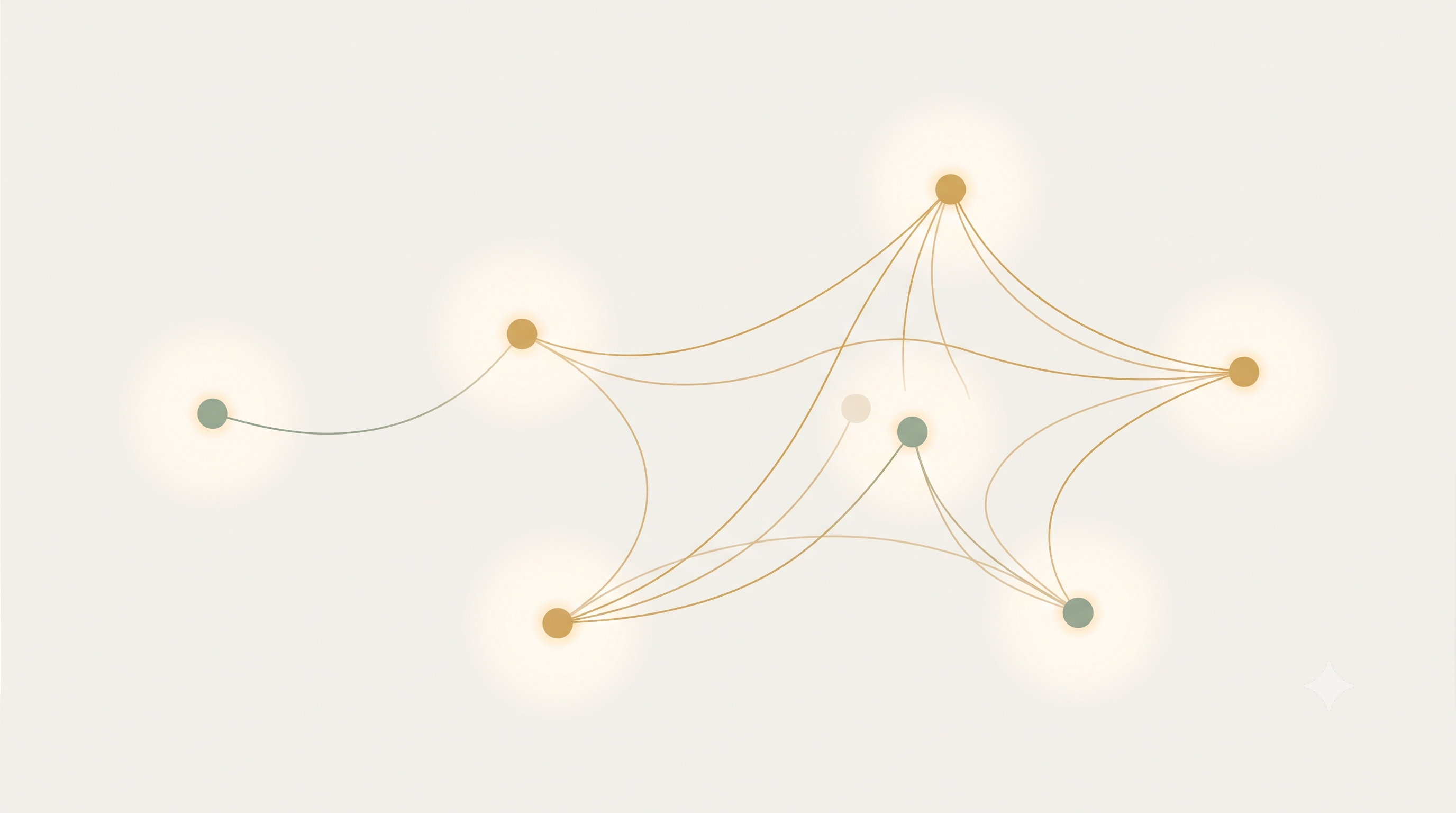 Warm conceptual illustration of separate points of light gently connecting, representing loneliness, connection, and brain health.