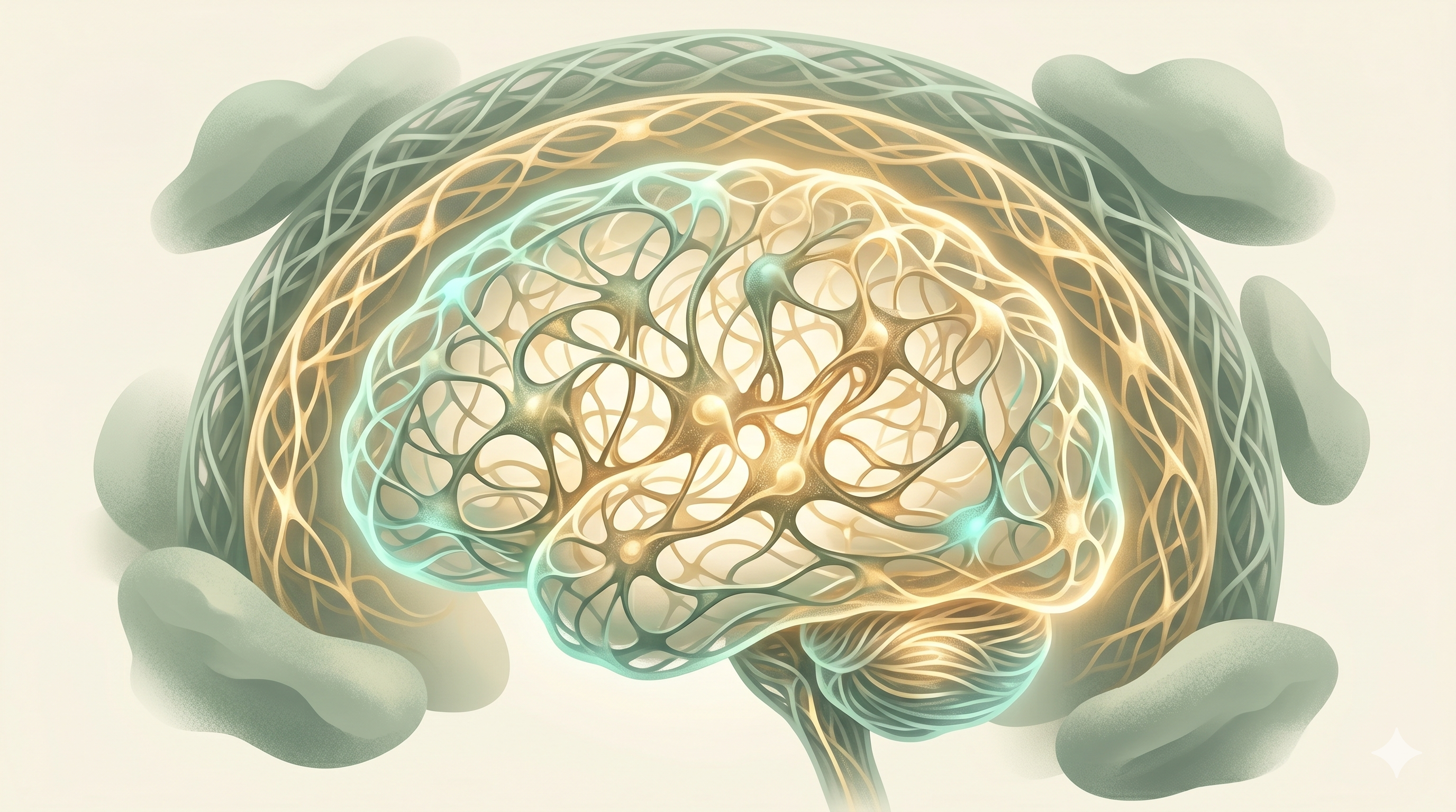 Warm illustration of a resilient interconnected network holding strong under pressure, representing cognitive reserve and brain resilience.