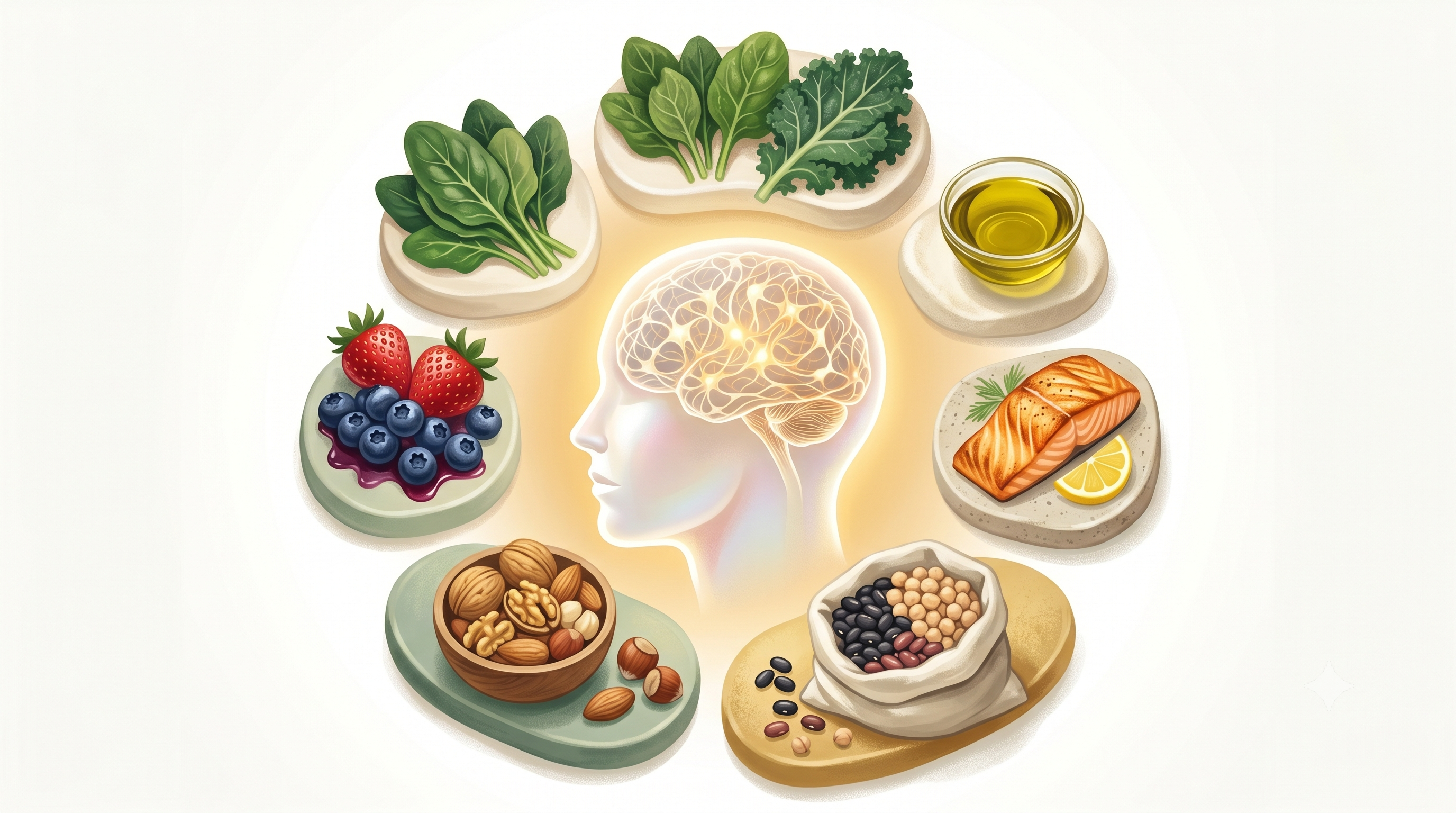Warm illustration of brain-healthy foods arranged around a stylized mind, representing nutrition and the MIND diet.