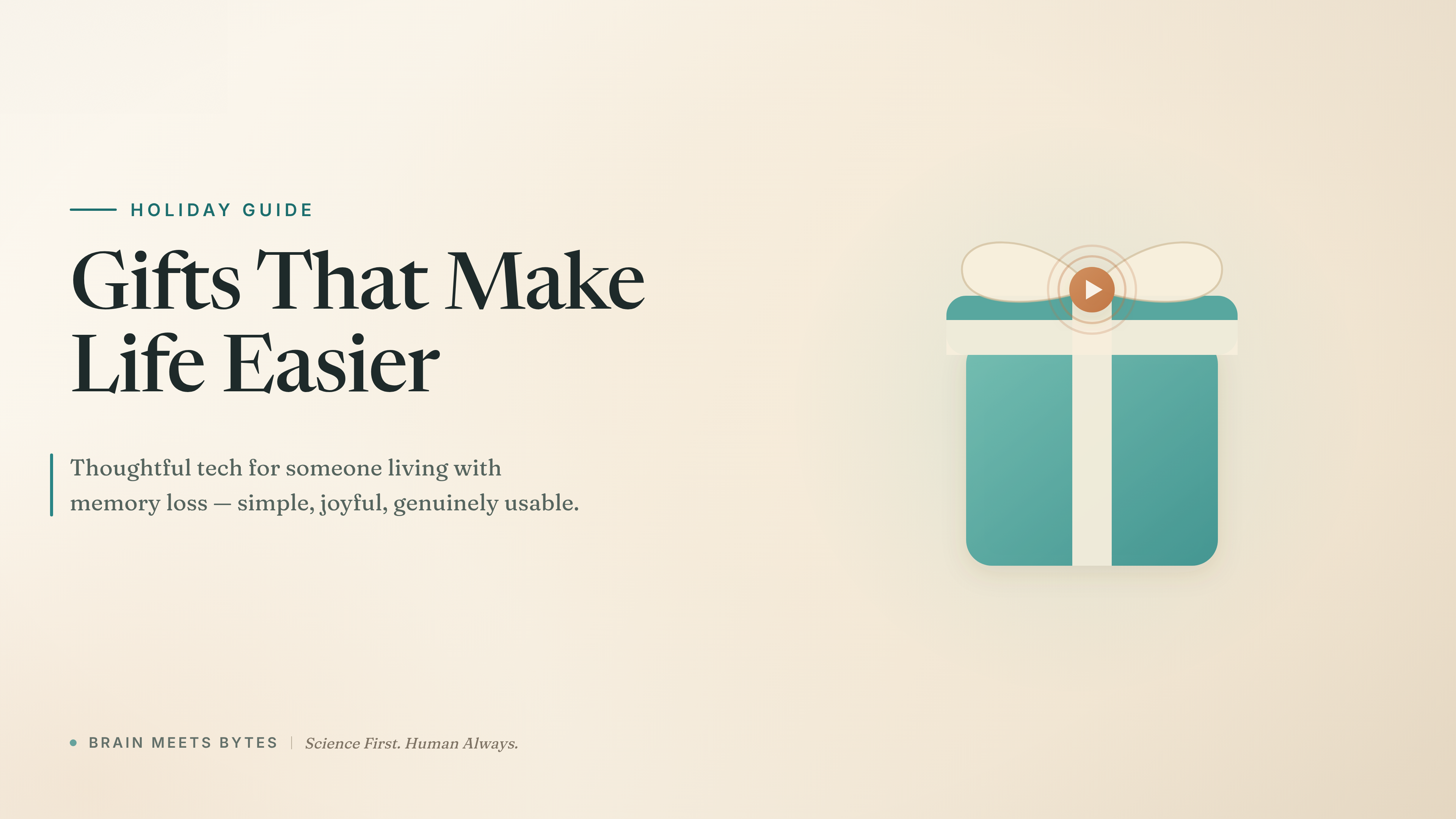 Graphic of a teal gift box with a cream ribbon and a small speaker-like circle in the bow, with the headline Gifts That Make Life Easier
