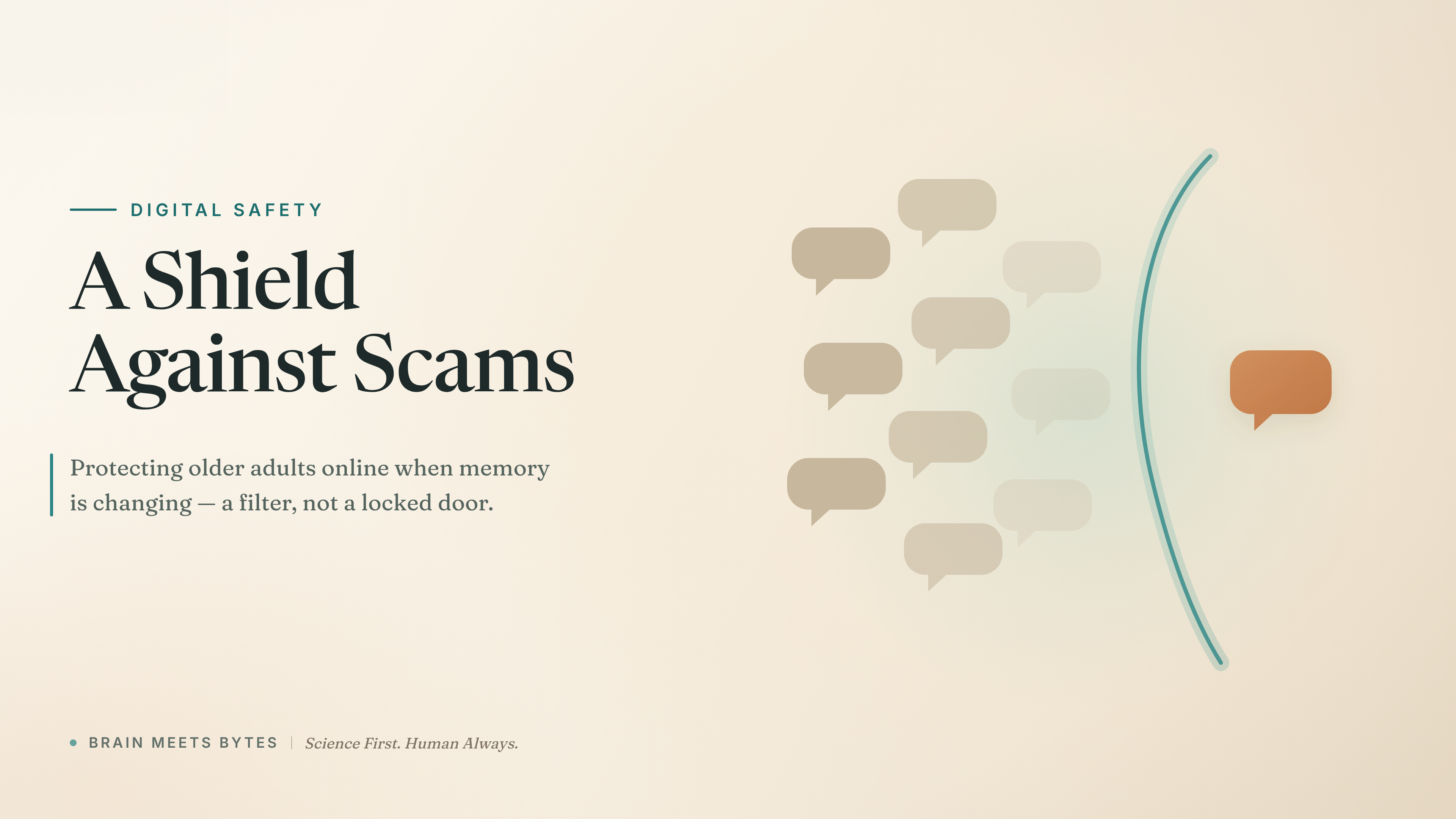 Graphic of small message shapes dissolving against a soft shield while one trusted shape passes through, with the headline A Shield Against Scams