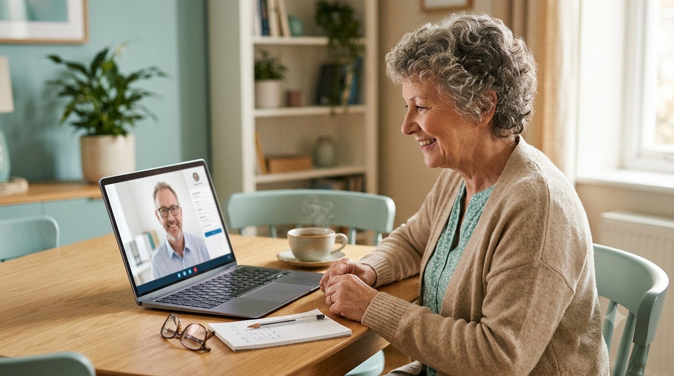 Older woman on a video call with her doctor using a laptop set up on a dining table
