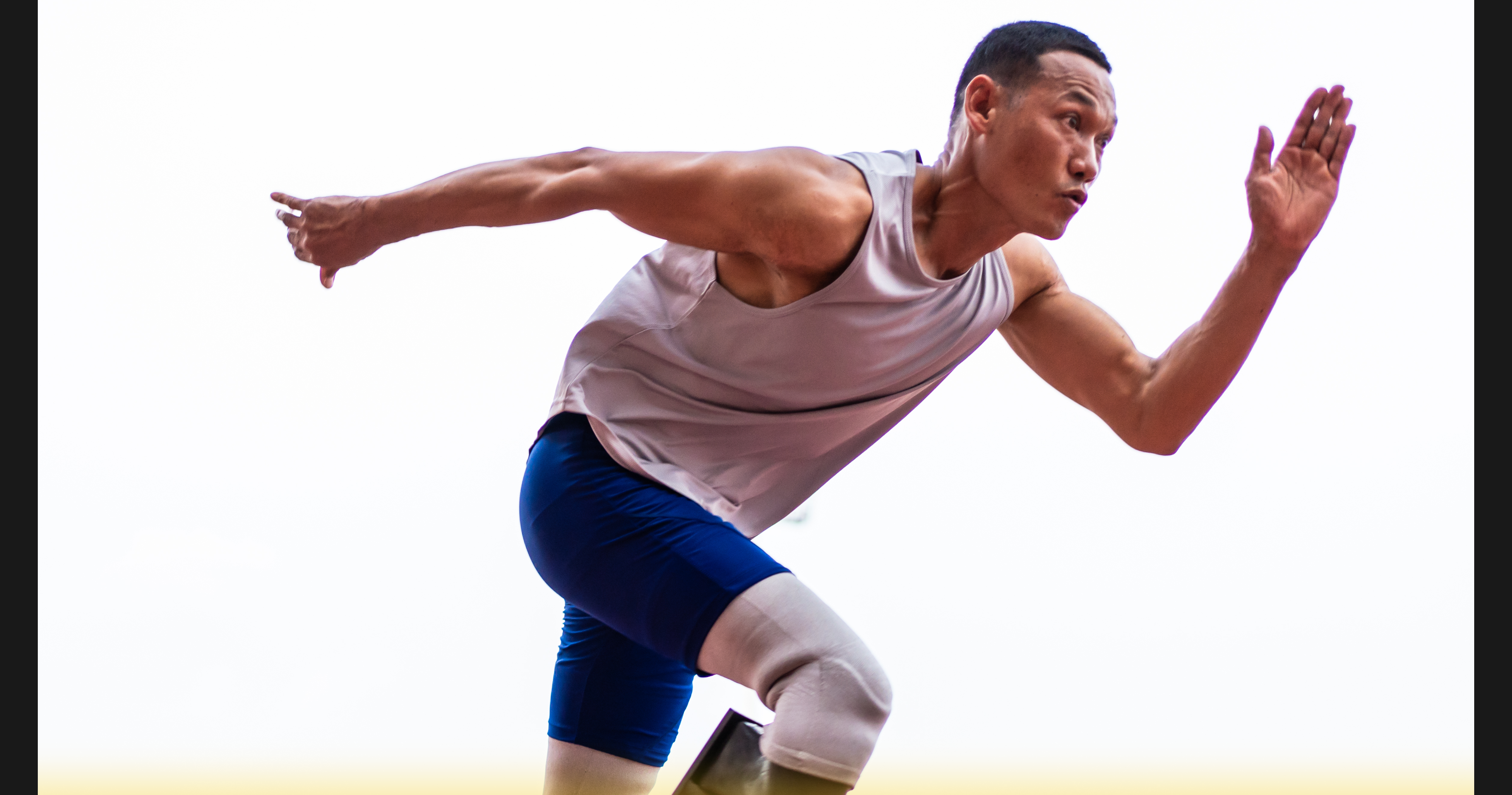 Album cover depicting: A professional athlete, wearing a white t-shirt, blue shorts and a prosthetic leg, is running on a track. The album cover also shows the logos of our label MT Records, and our partners Carousel and Can Do Musos.