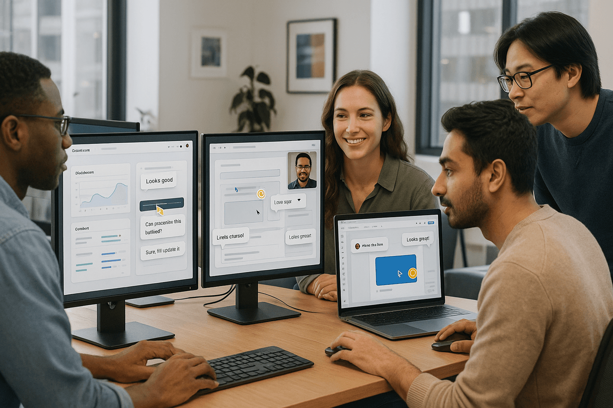 Modern development team collaborating with advanced commenting SDK features across multiple applications and screens