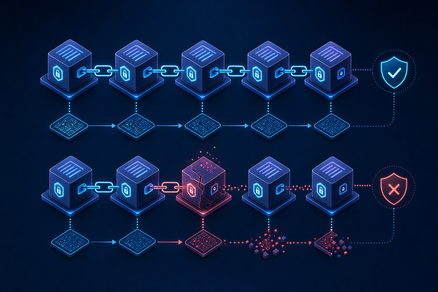 A technical diagram showing a chain of connected blocks representing audit log entries, each block containing a cryptographic hash linking to the previous block. The blocks are connected in sequence from left to right, with visual indicators showing how tampering with one block would break the entire chain. Clean, modern illustration style with blue and purple gradient colors, isometric perspective, showing the immutability concept of blockchain-like audit trail architecture.