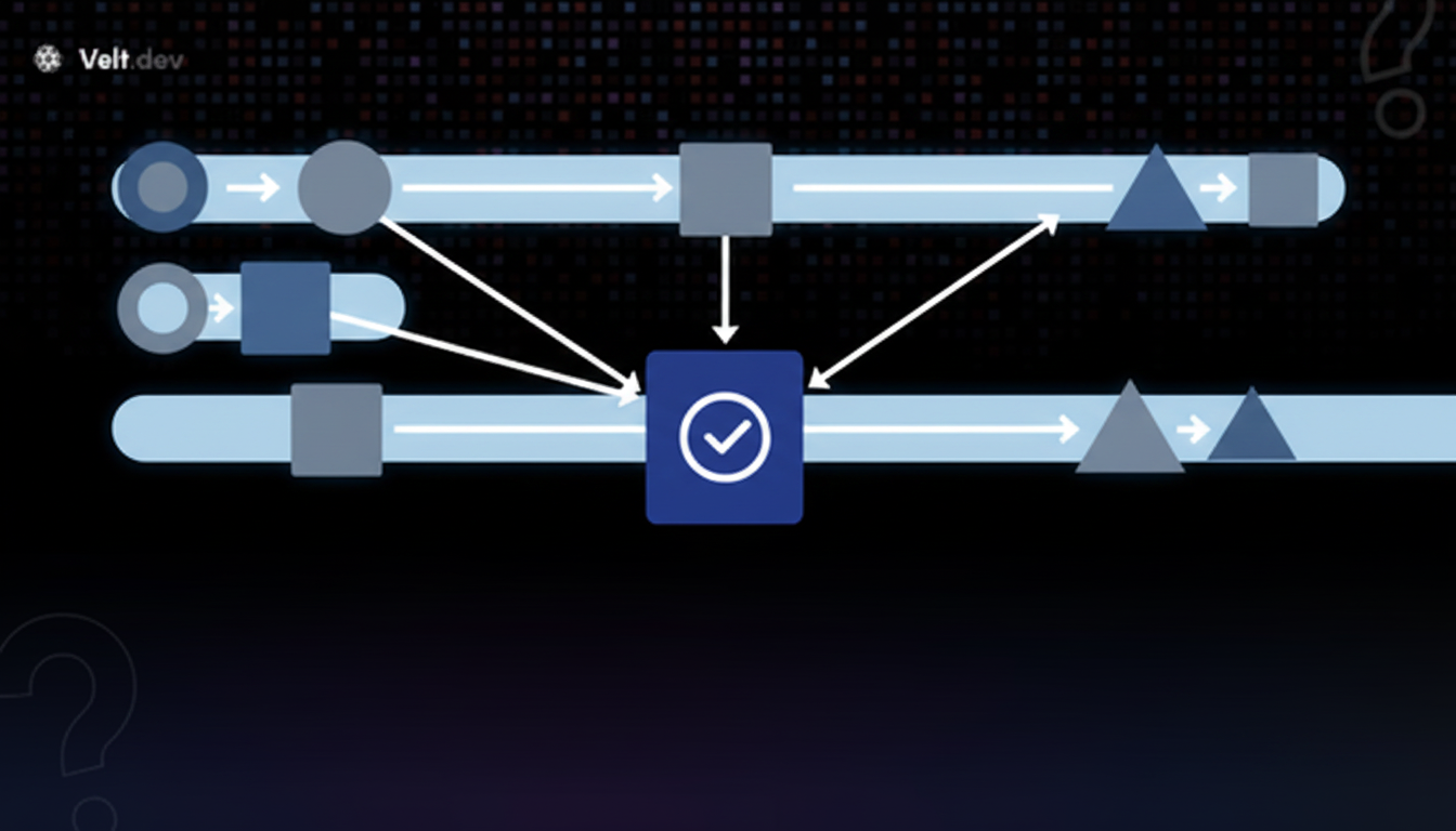 A clean, modern diagram showing a hybrid workflow system with three distinct lanes merging together. The visual should show parallel paths converging into a sequential checkpoint gate, then continuing forward. Use a professional tech aesthetic with blues and grays, arrows indicating flow direction, and geometric shapes representing different workflow stages. The design should be minimalist and architectural, resembling a flowchart or system diagram without any text labels.