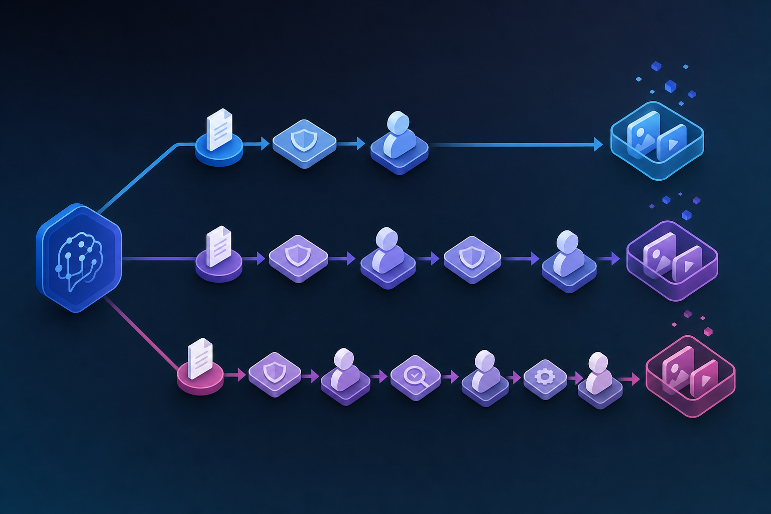 A clean isometric illustration showing a review infrastructure system with three parallel routing paths. The first path shows low-risk items flowing through with minimal checkpoints, the second path shows medium-risk items with moderate review gates, and the third path shows high-risk items going through multiple detailed approval stages. Use a modern tech aesthetic with blue and purple gradients, simple geometric shapes representing documents or assets flowing through the system, and abstract human reviewer icons at various checkpoints. Make it minimal, professional, and suitable for a technical blog about AI workflow infrastructure. No text or letters.