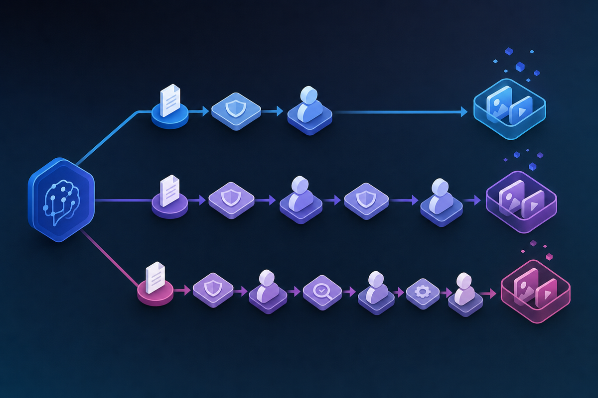 A clean isometric illustration showing a review infrastructure system with three parallel routing paths. The first path shows low-risk items flowing through with minimal checkpoints, the second path shows medium-risk items with moderate review gates, and the third path shows high-risk items going through multiple detailed approval stages. Use a modern tech aesthetic with blue and purple gradients, simple geometric shapes representing documents or assets flowing through the system, and abstract human reviewer icons at various checkpoints. Make it minimal, professional, and suitable for a technical blog about AI workflow infrastructure. No text or letters.