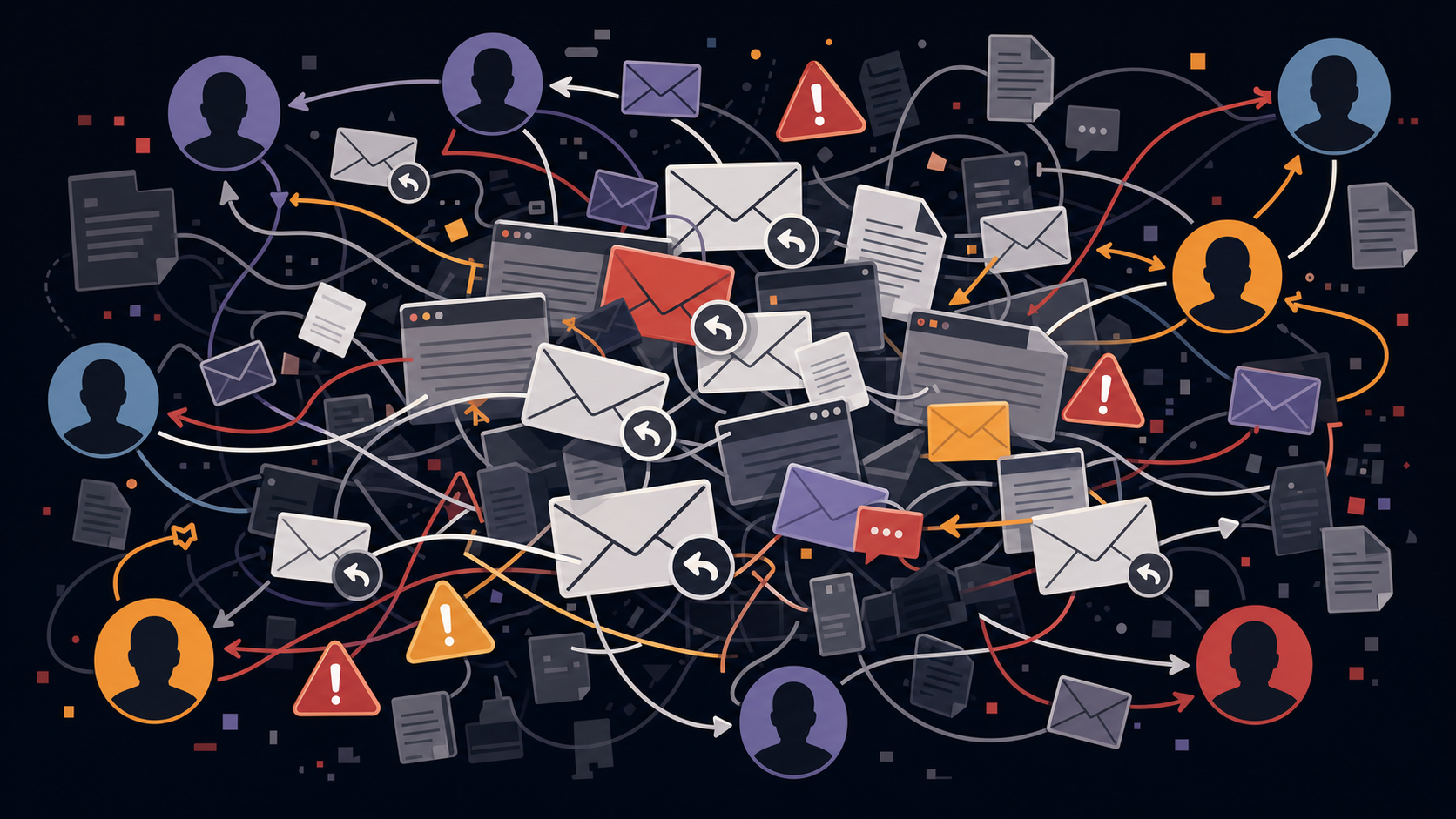 A cluttered digital workspace showing a tangled web of overlapping email envelopes and reply threads connecting between multiple user silhouettes, with fragmented document icons scattered around, visual chaos and disorganization, dark background with warning amber and red accent colors, abstract corporate compliance failure concept, flat vector illustration style