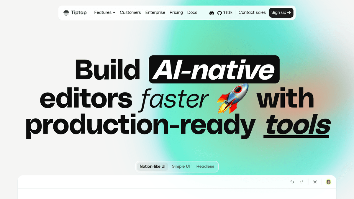 Tiptap rich text editor platform homepage showcasing commenting features and document collaboration tools
