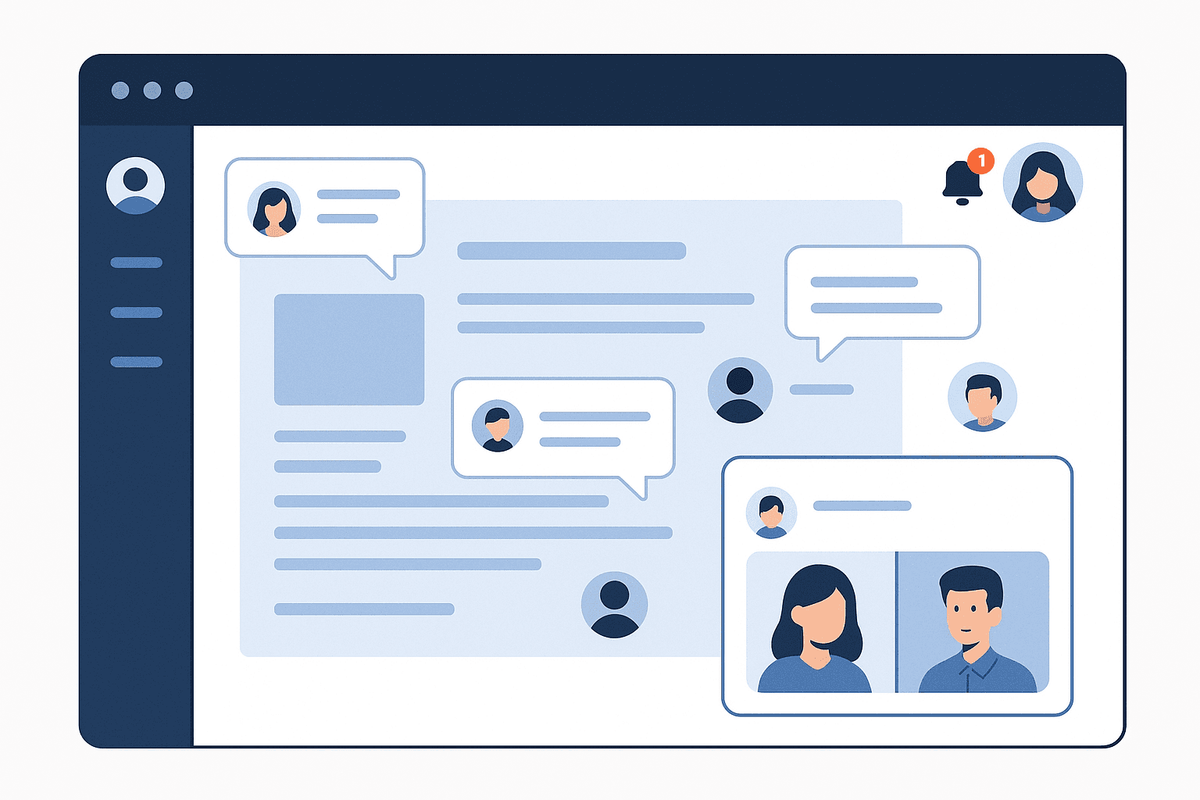 Modern collaboration dashboard interface showing integrated commenting, notifications, and real-time features in clean design