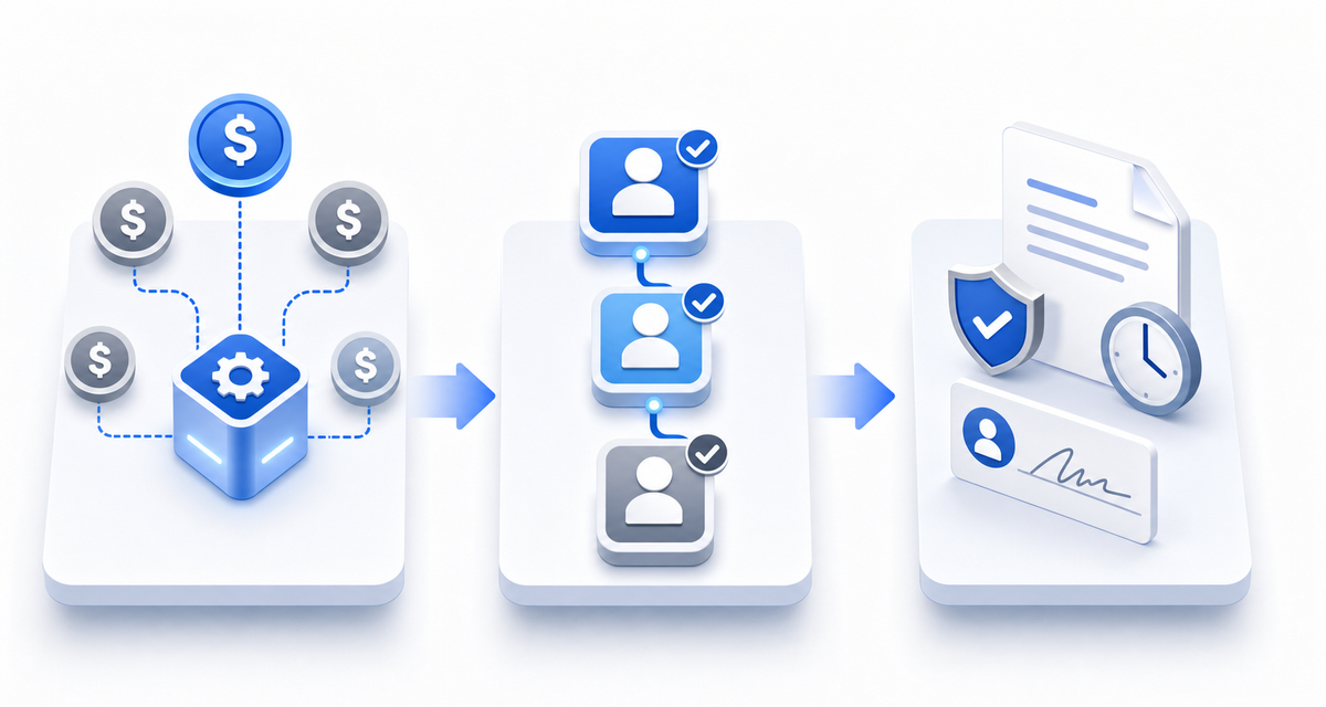 A clean, modern illustration showing a structured budget approval workflow with three connected stages: automated routing with dollar threshold icons, sequential approval steps with checkmarks flowing in order, and compliance documentation with timestamp and signature symbols. Use a professional color palette with blues and grays, minimal isometric style, showing the flow from left to right with clear visual hierarchy, no text or words.