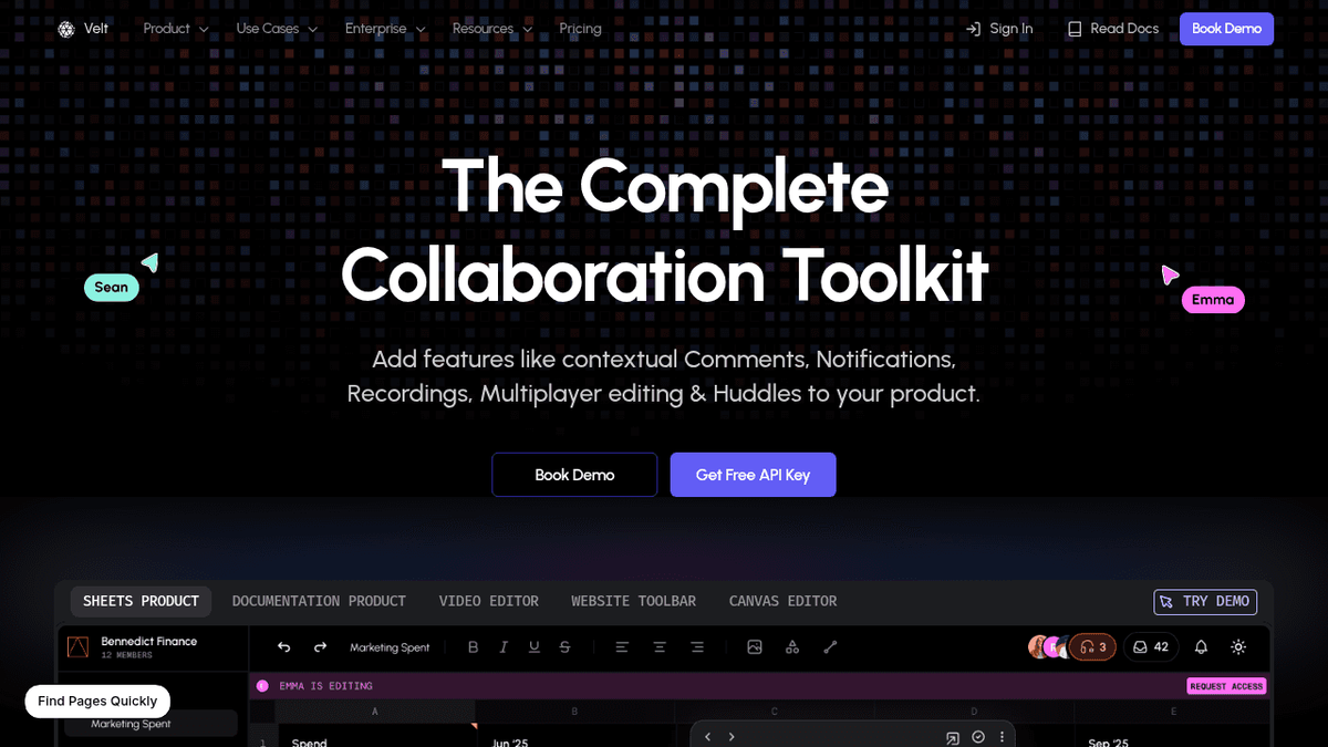 Velt contextual commenting SDK homepage showing developer tools and integration options for design collaboration