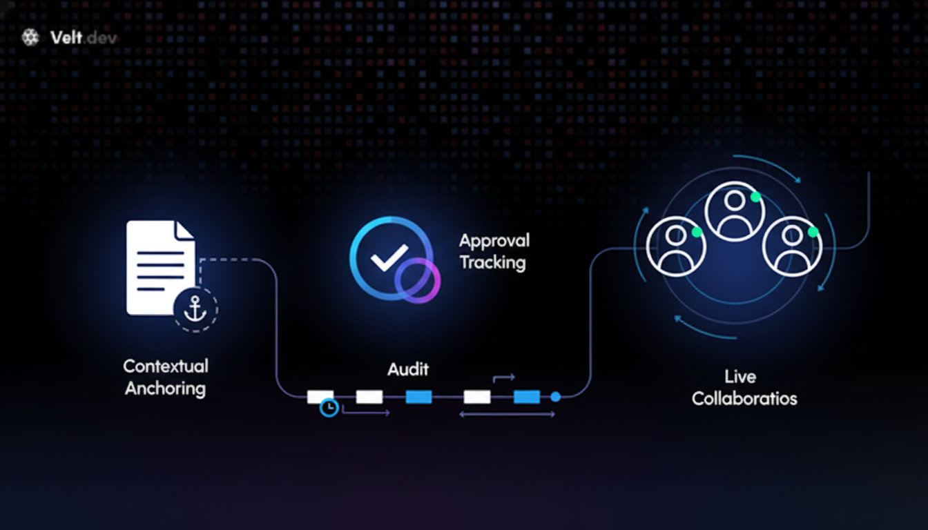 A clean, modern technical illustration showing four interconnected components of a software infrastructure system. The image should depict: 1) A document or content piece with an anchor point attached, representing contextual anchoring, 2) A status indicator with checkmark and approval states, representing approval tracking, 3) Multiple user avatars with real-time presence indicators, representing live collaboration, 4) A timeline or log visualization showing recorded events and changes, representing audit trails. The components should be connected by subtle lines or flow indicators. Use a minimalist style with blues, purples, and whites. Technical and clean aesthetic without any text, words, or letters.