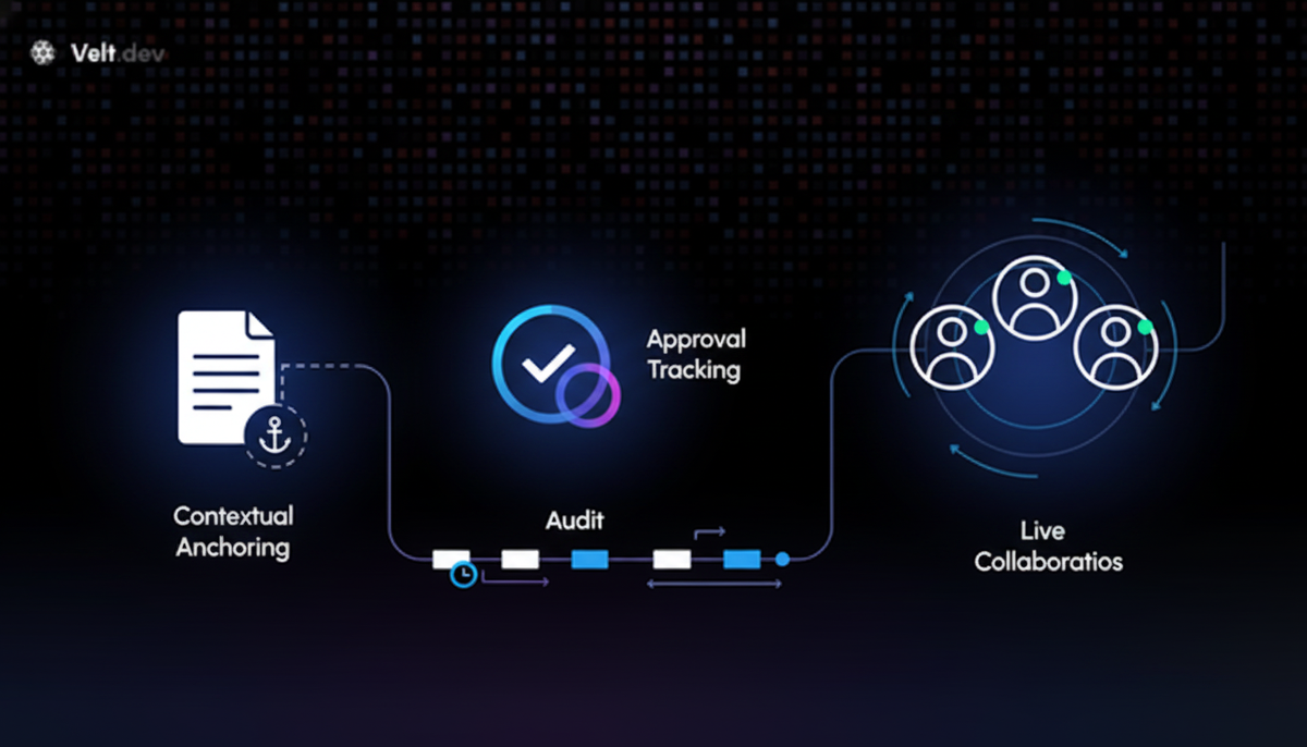 A clean, modern technical illustration showing four interconnected components of a software infrastructure system. The image should depict: 1) A document or content piece with an anchor point attached, representing contextual anchoring, 2) A status indicator with checkmark and approval states, representing approval tracking, 3) Multiple user avatars with real-time presence indicators, representing live collaboration, 4) A timeline or log visualization showing recorded events and changes, representing audit trails. The components should be connected by subtle lines or flow indicators. Use a minimalist style with blues, purples, and whites. Technical and clean aesthetic without any text, words, or letters.