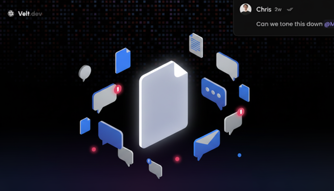 A minimalist isometric illustration showing multiple disconnected communication bubbles and document icons floating in disorganized clusters around a central content document. Notification badges, envelope icons, chat bubbles, and file icons scattered chaotically with no clear connections between them. Some elements overlap, some drift apart. A clean tech color palette of blues, grays, and soft reds conveying fragmentation and disorder. No text, no words, no letters anywhere in the image.
