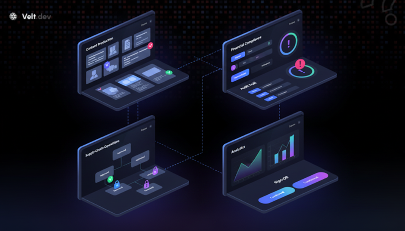 Four distinct workflow scenarios shown as interconnected panels: content production workspace with documents and review badges, financial compliance dashboard with audit trail indicators, supply chain operations interface with approval checkpoints, and analytics dashboard with sign-off buttons. Modern SaaS interface style, clean isometric perspective, blue and purple gradient tones, professional software UI aesthetic, showing approval states and review processes across different business contexts