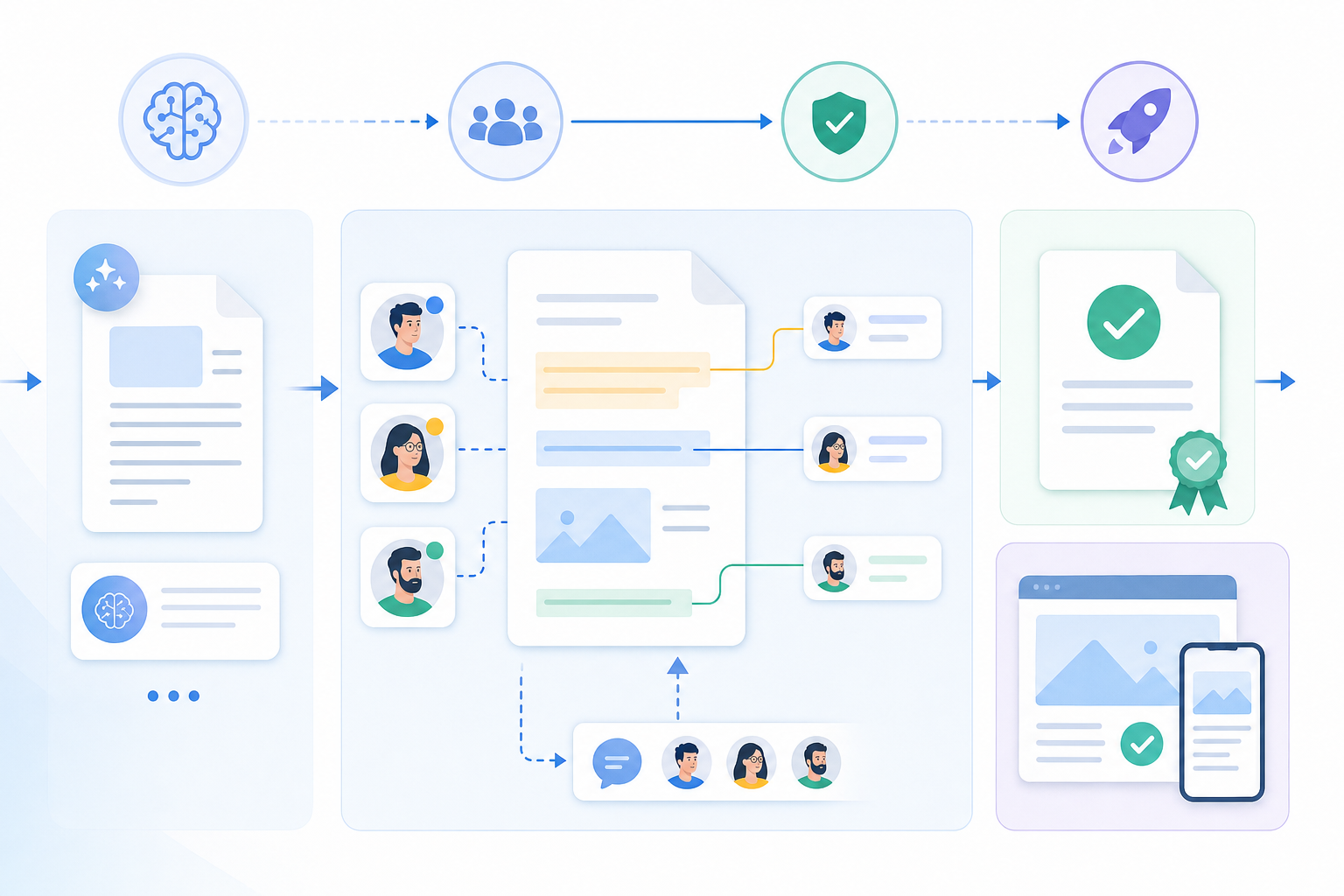 A professional illustration showing a review workflow system for content approval. Depict a clean flowchart-style diagram with connected stages: generation, review, approval, and publishing. Show multiple reviewers collaborating on a document with approval checkmarks and feedback loops. Include visual elements like document icons, user avatars, approval badges, and workflow arrows. Modern tech illustration style with blues and grays, minimal and clean design, no text or letters visible.