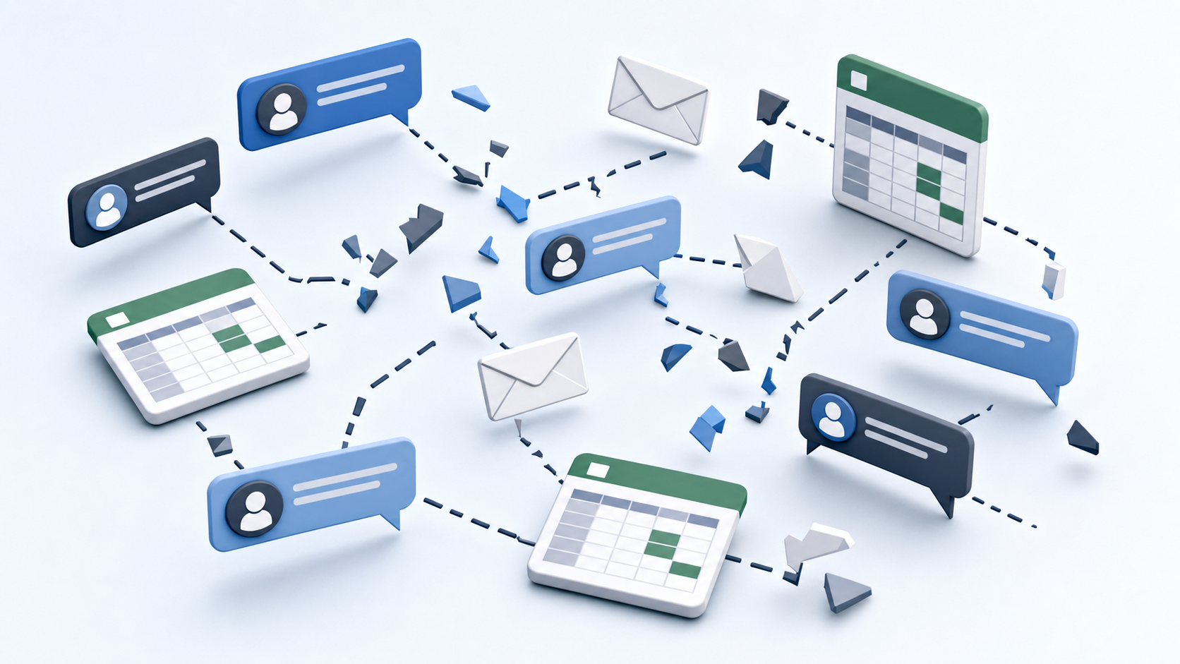 A clean, modern illustration showing scattered communication chaos: multiple disconnected chat bubbles, email icons, and spreadsheet symbols floating in disarray with broken connecting lines between them, representing fragmented budget approval workflows. Use a professional color palette with blues and grays, minimal style, isometric perspective, no text or words.