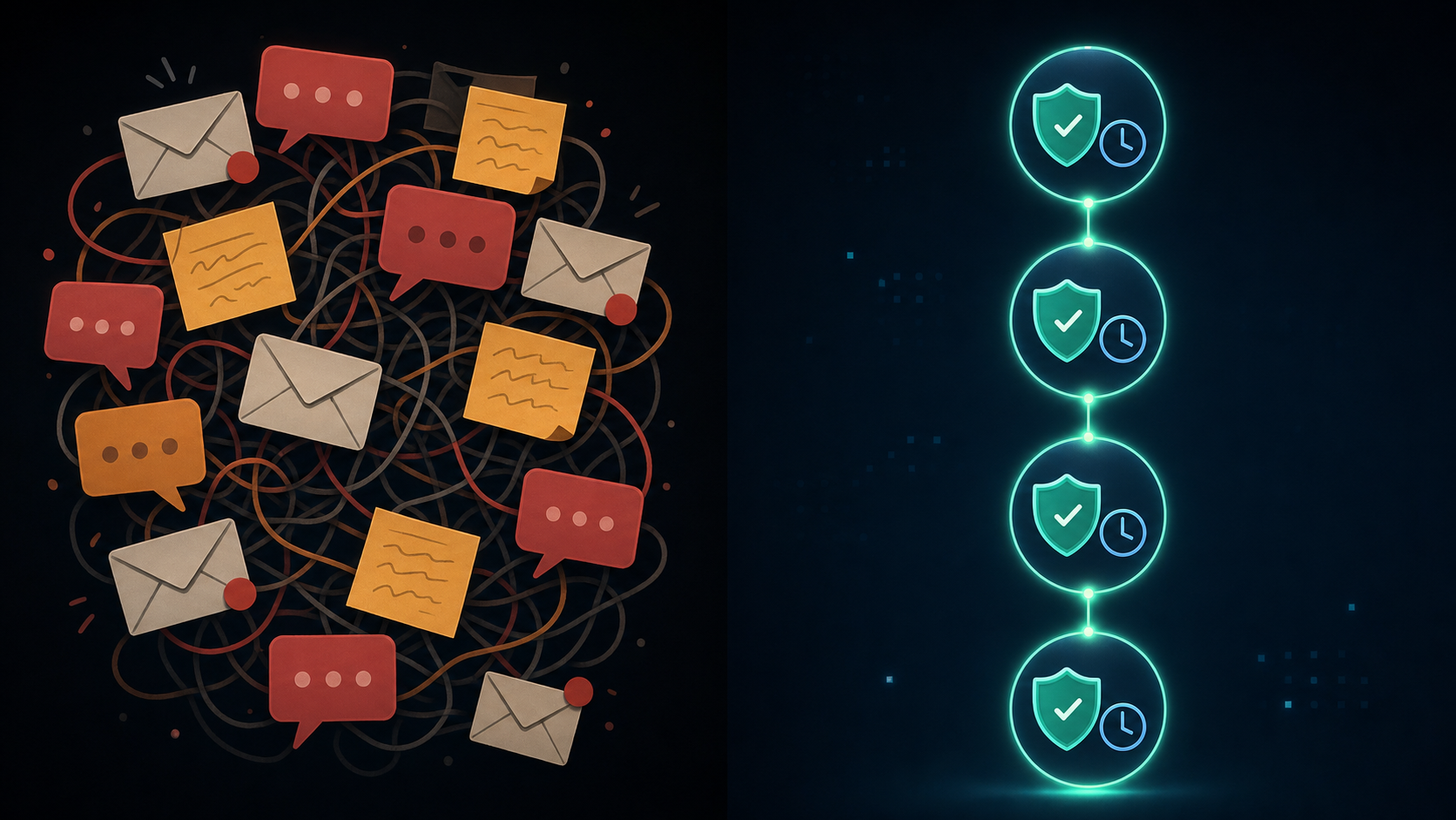 Split-scene illustration on dark background: left side shows a chaotic tangle of overlapping chat bubbles, email envelopes, and sticky notes in muted red and orange tones representing disorganized manual approvals; right side shows a clean, orderly vertical flowchart with glowing green checkmark nodes connected by luminous lines, each node containing a shield and clock icon representing automated timestamped approvals, cool blue and teal palette, minimalist flat style, no text or labels