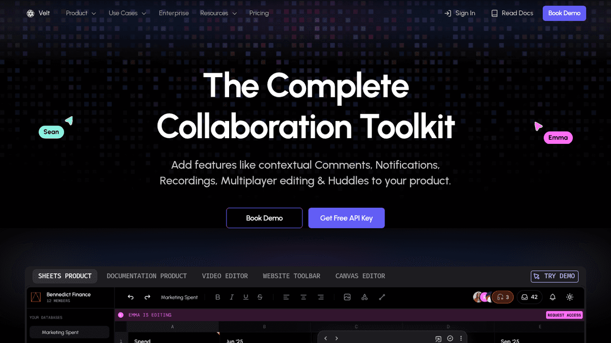 Velt collaboration SDK homepage showcasing real-time commenting and collaboration features for web applications