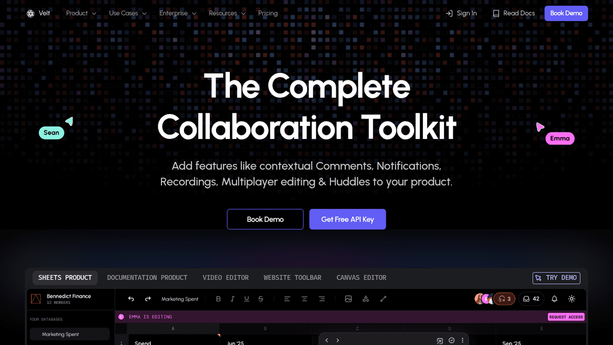 Velt collaboration platform homepage featuring real-time editing, commenting, and team collaboration tools for developers and content creators
