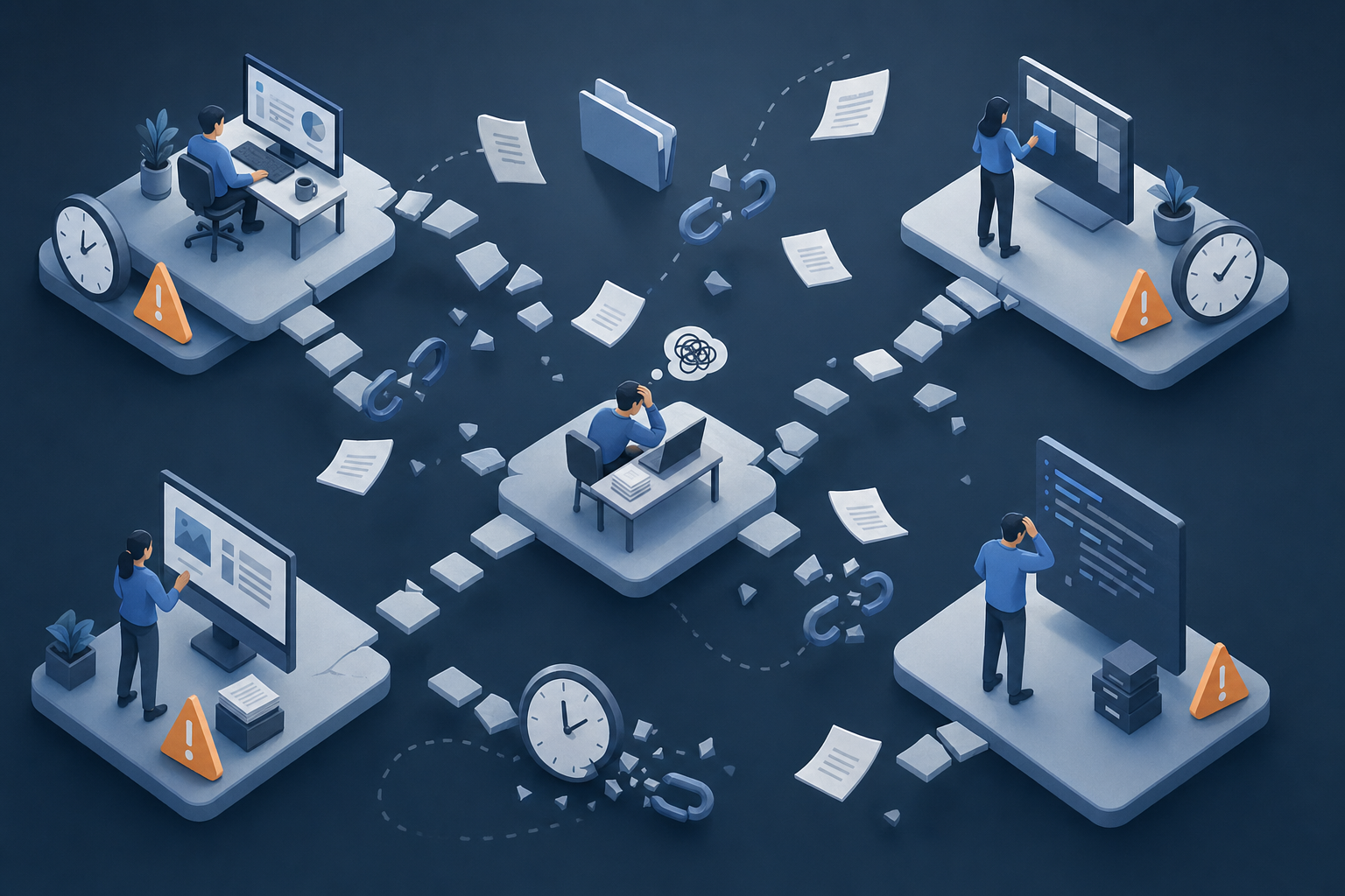 A modern isometric illustration showing fragmented workflow chaos: multiple disconnected pathways with scattered documents floating between them, clock icons showing wasted time, broken chain links representing lost context, and small figures struggling to navigate between isolated work islands. Use a clean, minimal color palette with blues, grays, and warning orange accents. The overall composition should convey inefficiency and disconnection in a professional, abstract way. No text, words, letters, or labels.