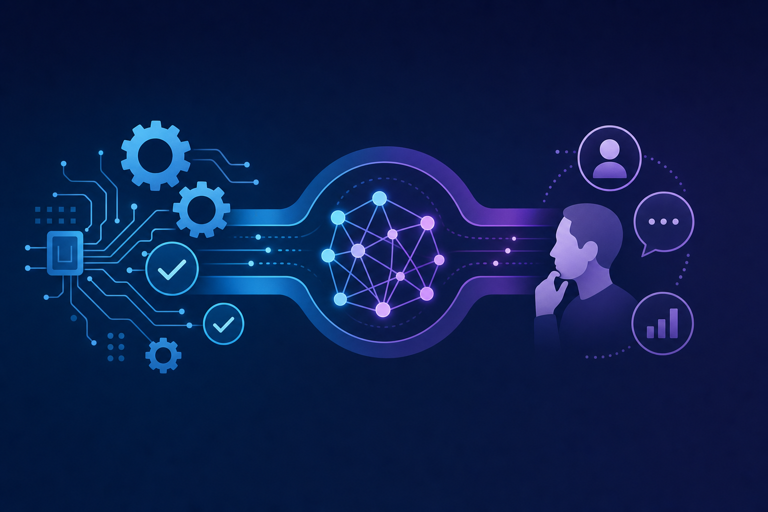 A modern technical illustration showing AI as a bridge between automated and manual review systems. On the left side, show automated elements like gears, checkmarks, and circuit patterns representing rule-based automation. On the right side, show human elements like a reviewer icon or thoughtful decision-making symbols. In the center, visualize AI as a connecting layer with neural network patterns or intelligent analysis symbols that blend both sides together. Use a clean, professional color palette with blues, purples, and grays. Flat design style, minimal and technical aesthetic. No text, words, or letters.